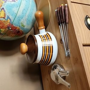 Vintage Levcoware enamel fondue pot with accessories